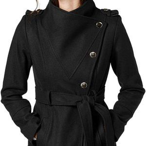 GUESS Small S Belted BLACK asymmetrical long walking Military coat gold buttons